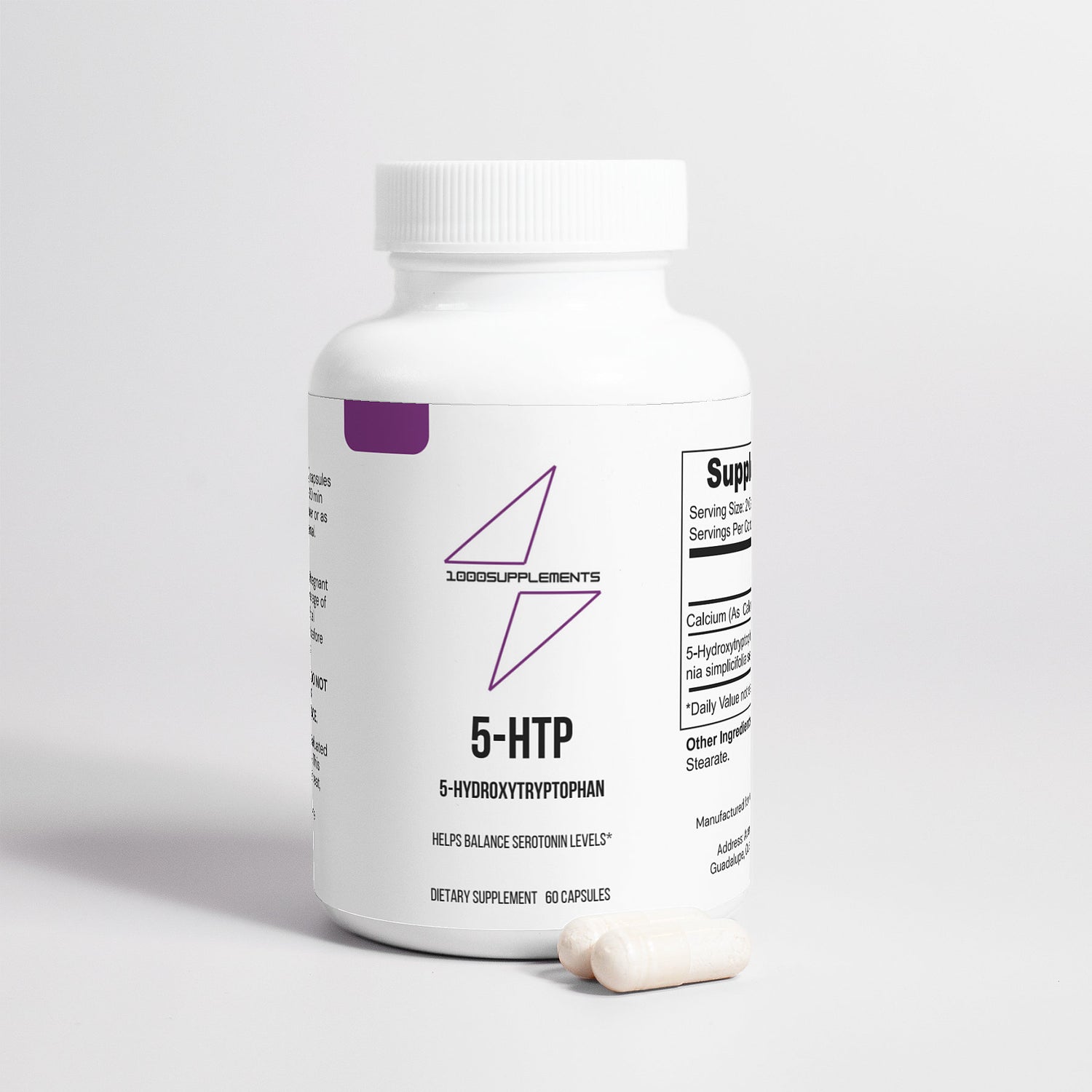 1000Supplements 5-htp front side with capsules