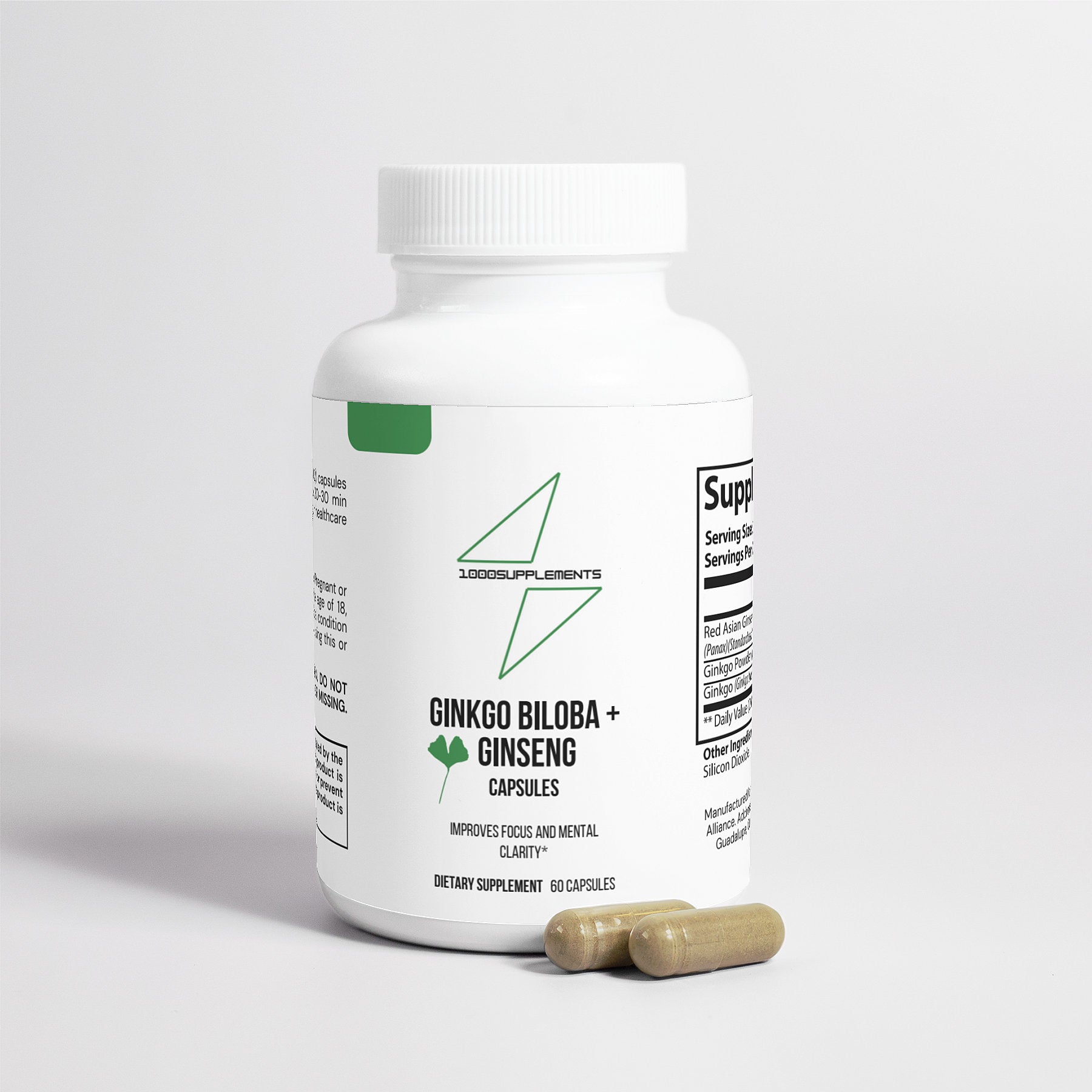 1000Supplements Gingko Biloba + Ginseng front side with capsules