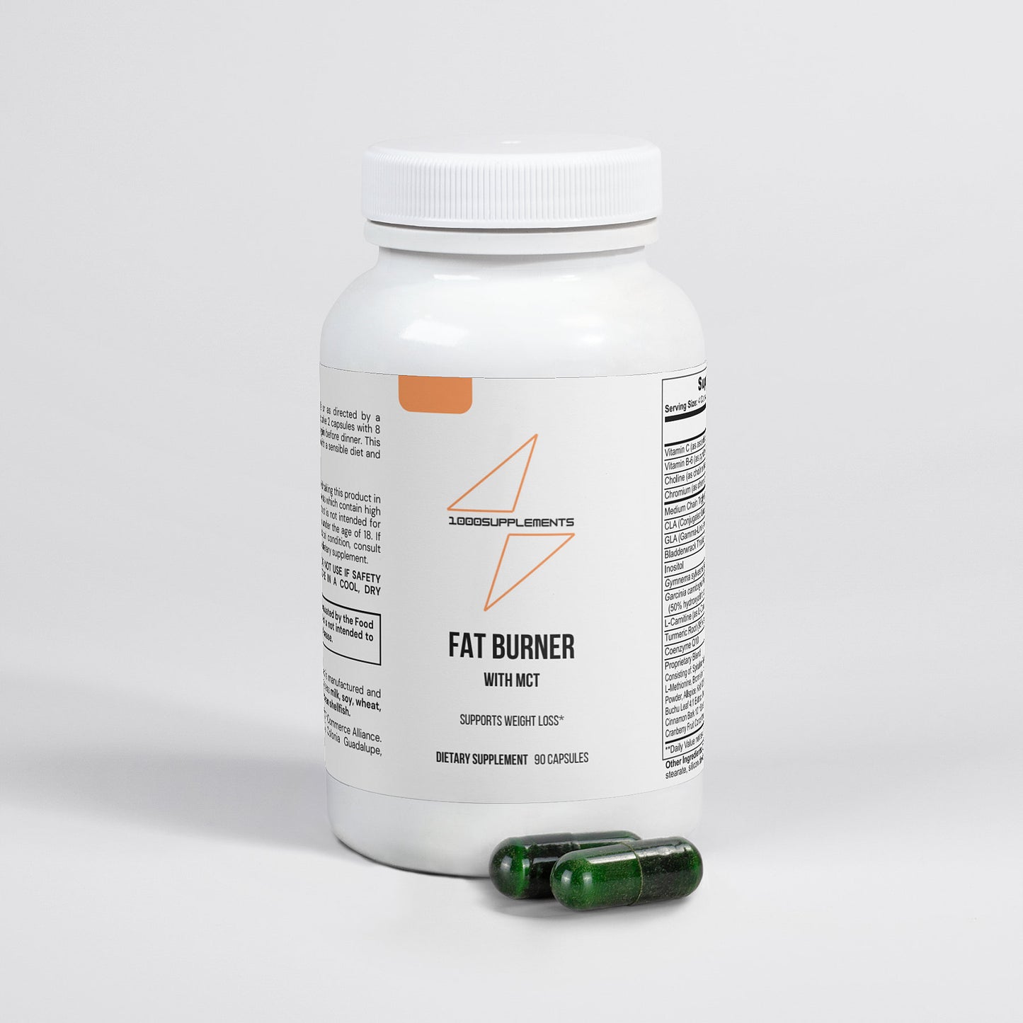1000Supplements Fat burner(with MCT) front side with capsules
