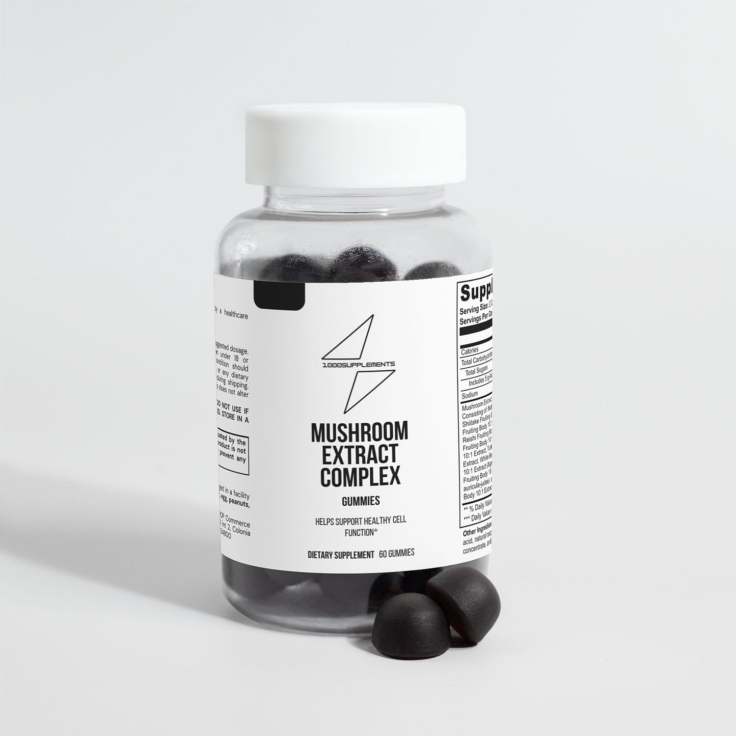 1000Supplements Mushroom extra clomplex front view with gummies