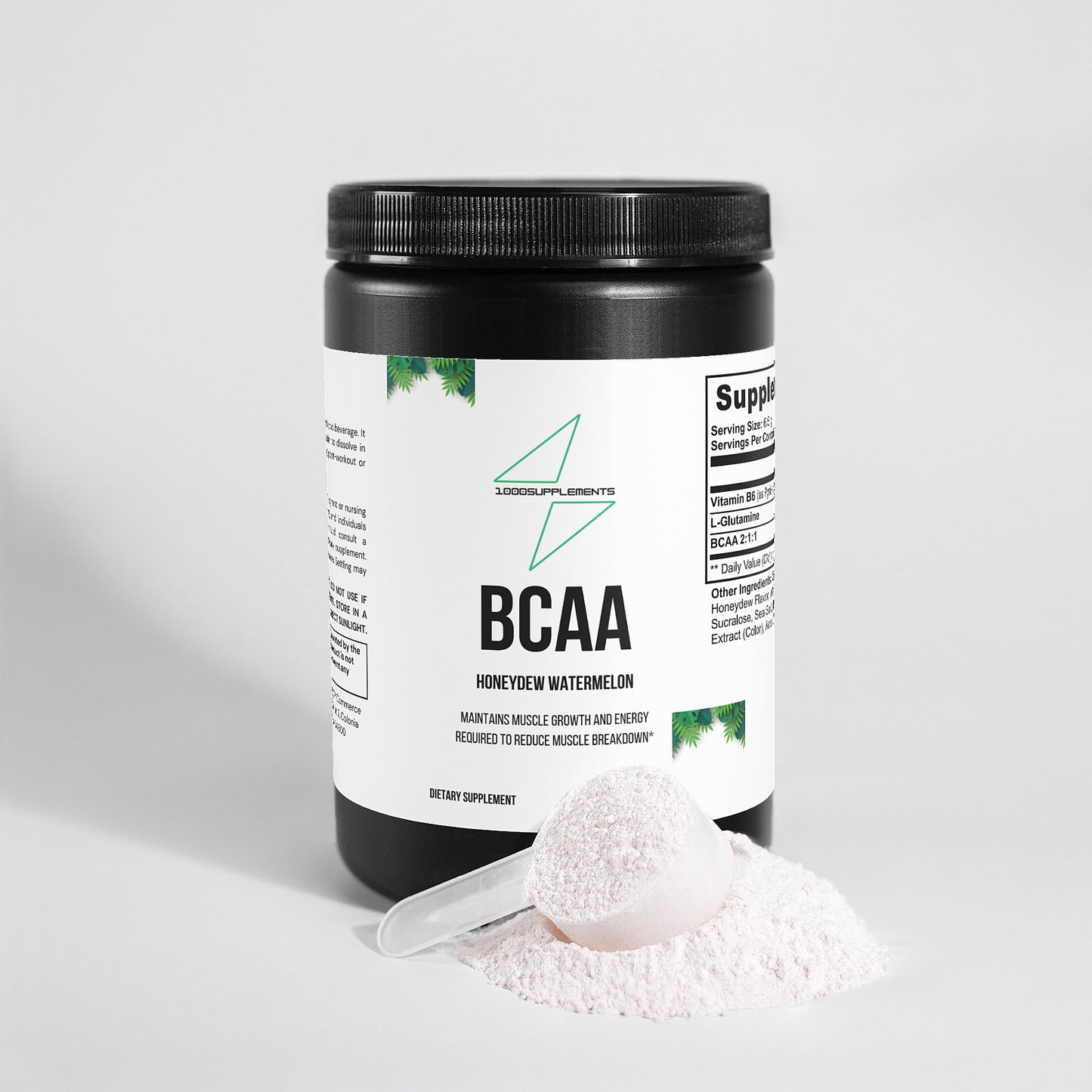 1000Supplements BCAA Honeydew Watermelon front side with powder
