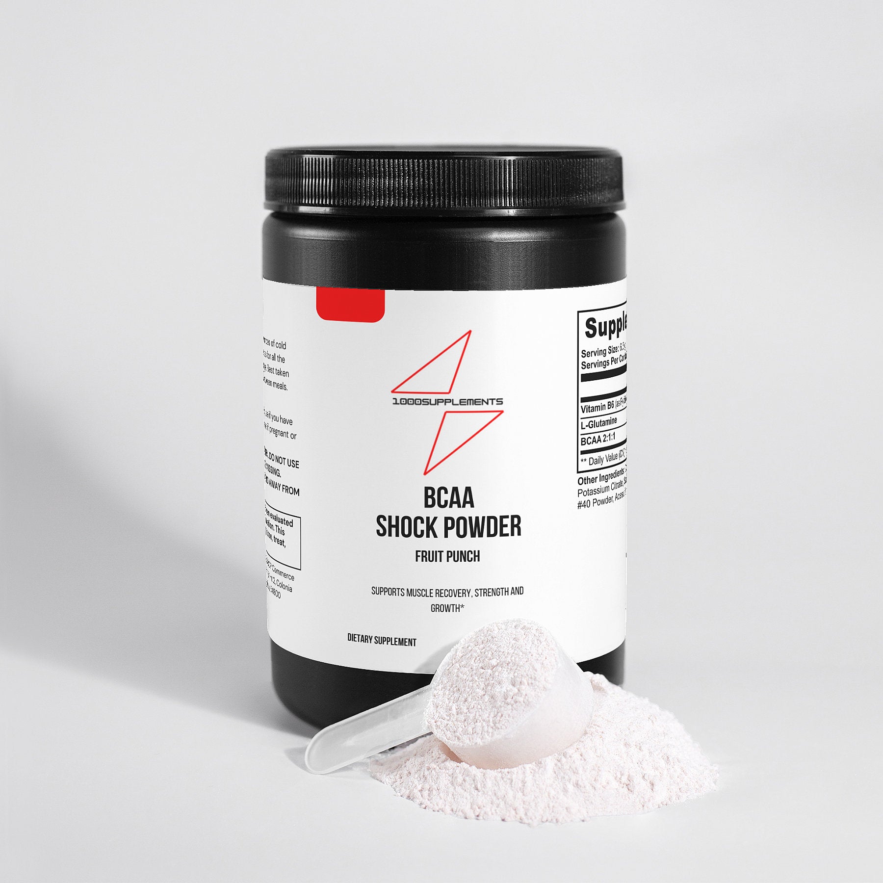 1000Supplements BCAA Shock Powder (Fruit punch) front side with powder