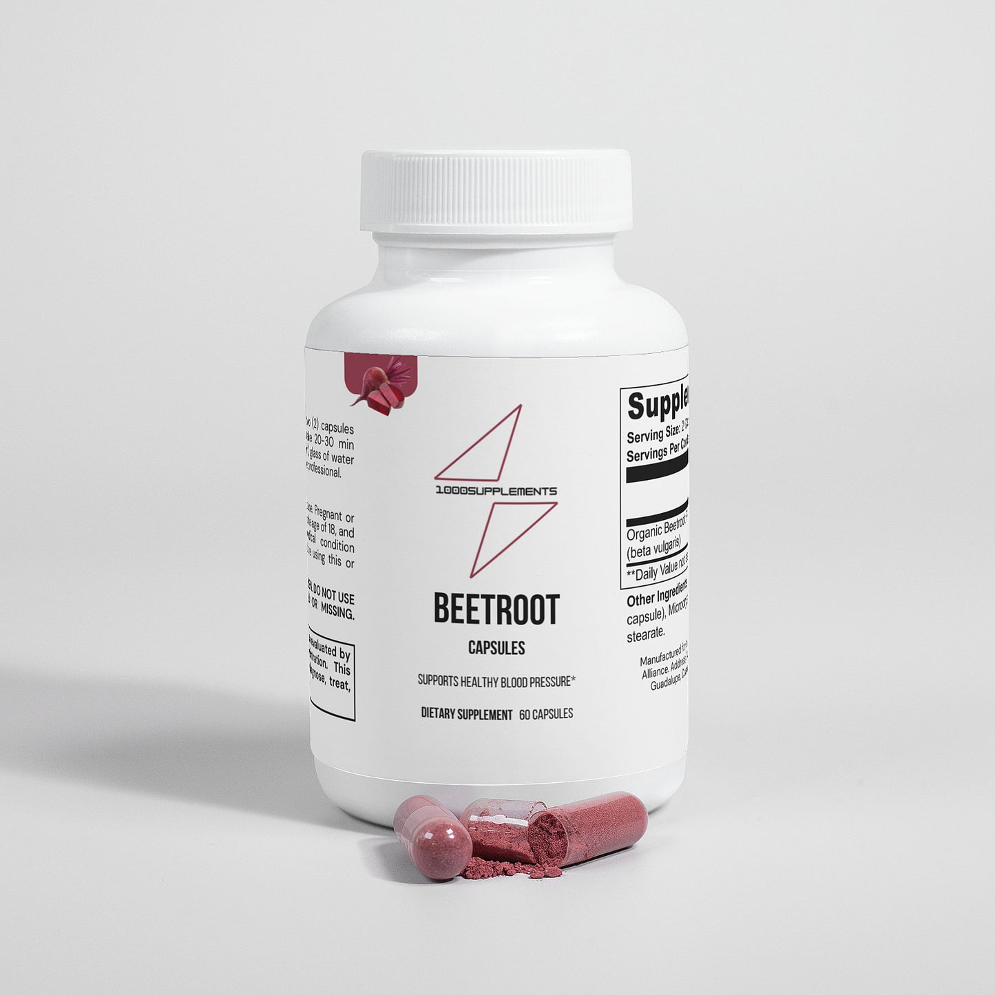 1000Supplements Beetroot (capsules) front side with capsules