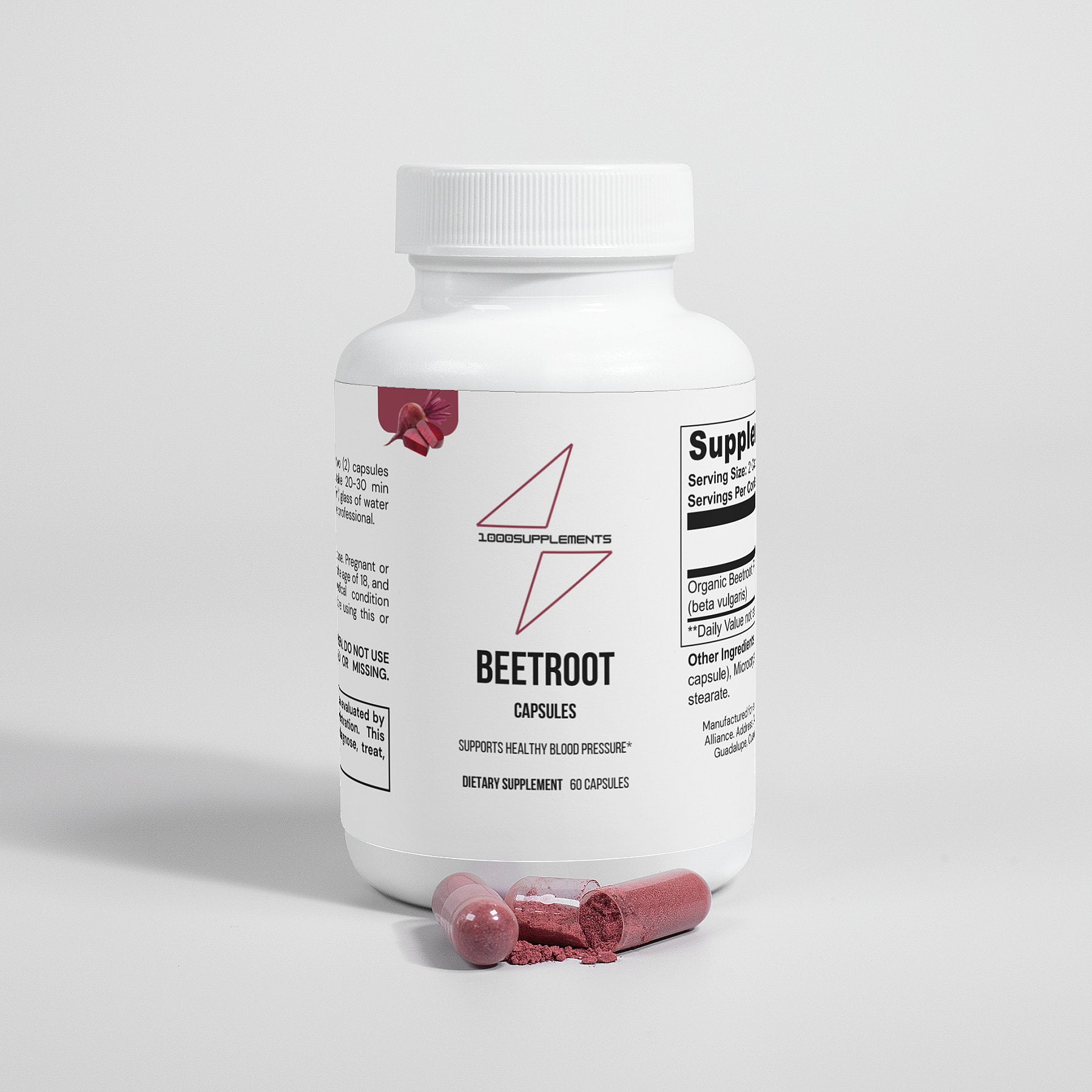 1000Supplements Beetroot (capsules) front side with capsules