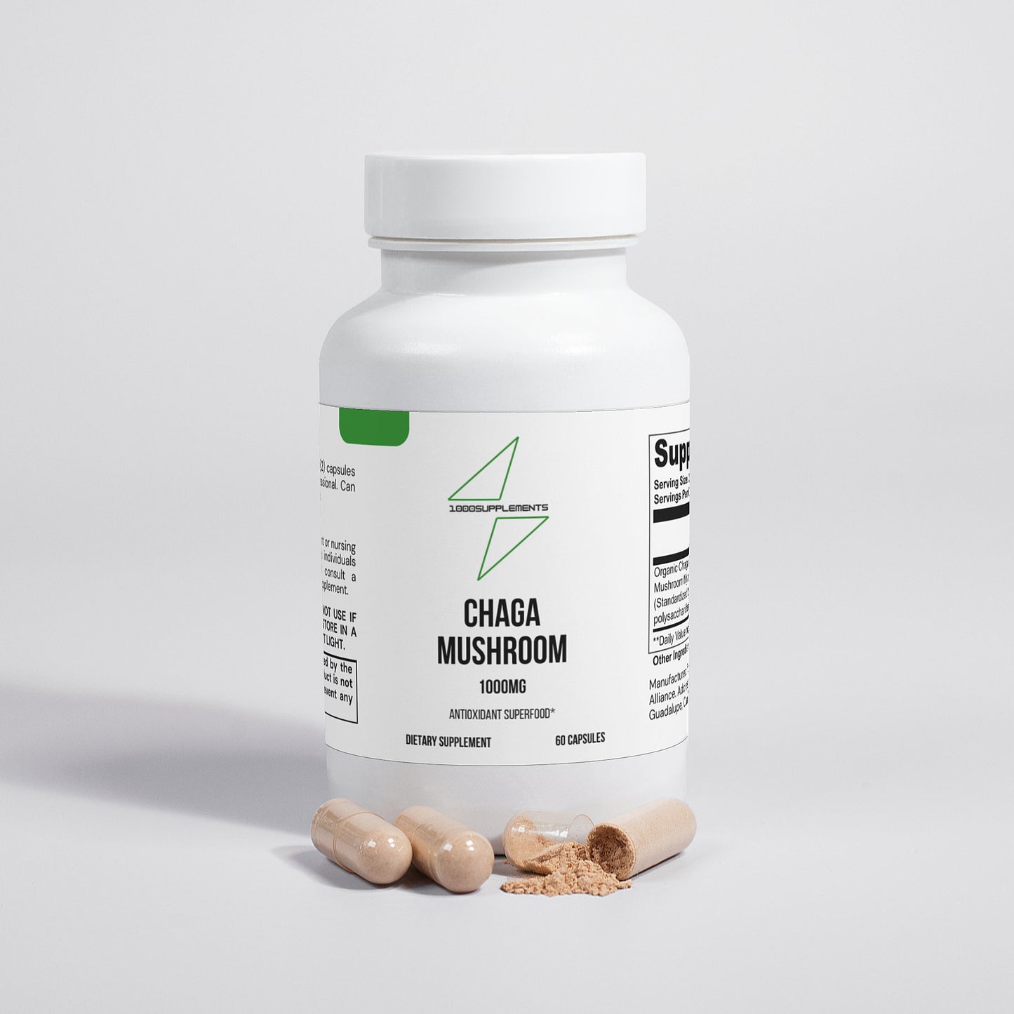 1000Supplements Chaga Mushroom front side with capsules