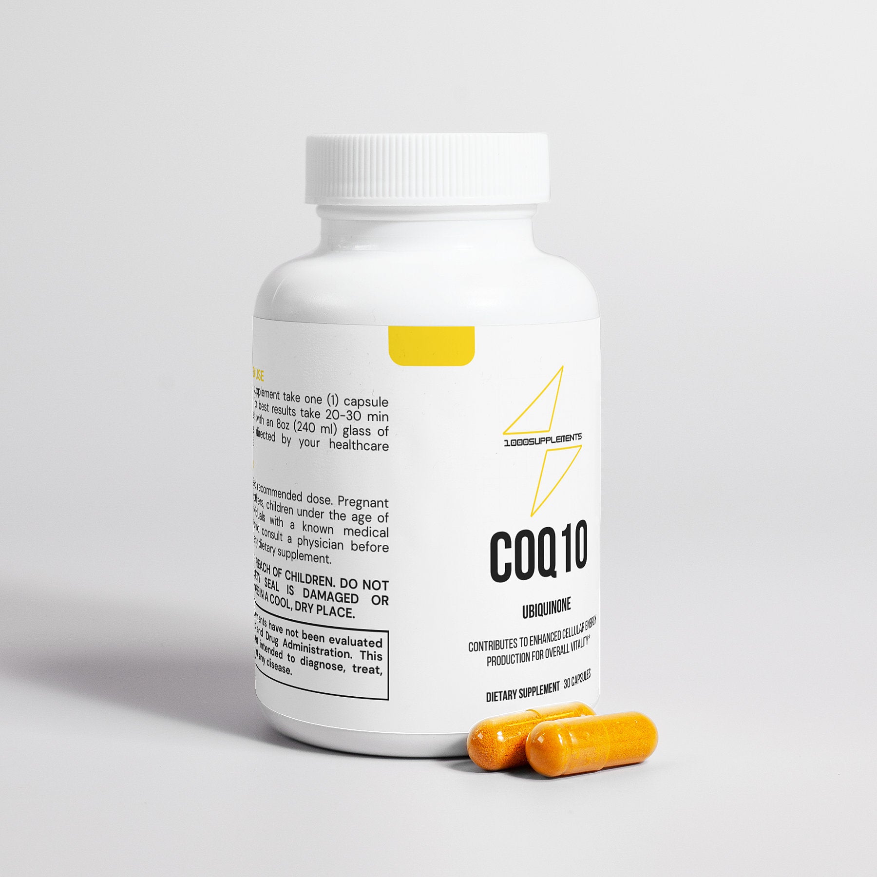 1000Supplements COQ 10 Ubiquinone side view with capsules