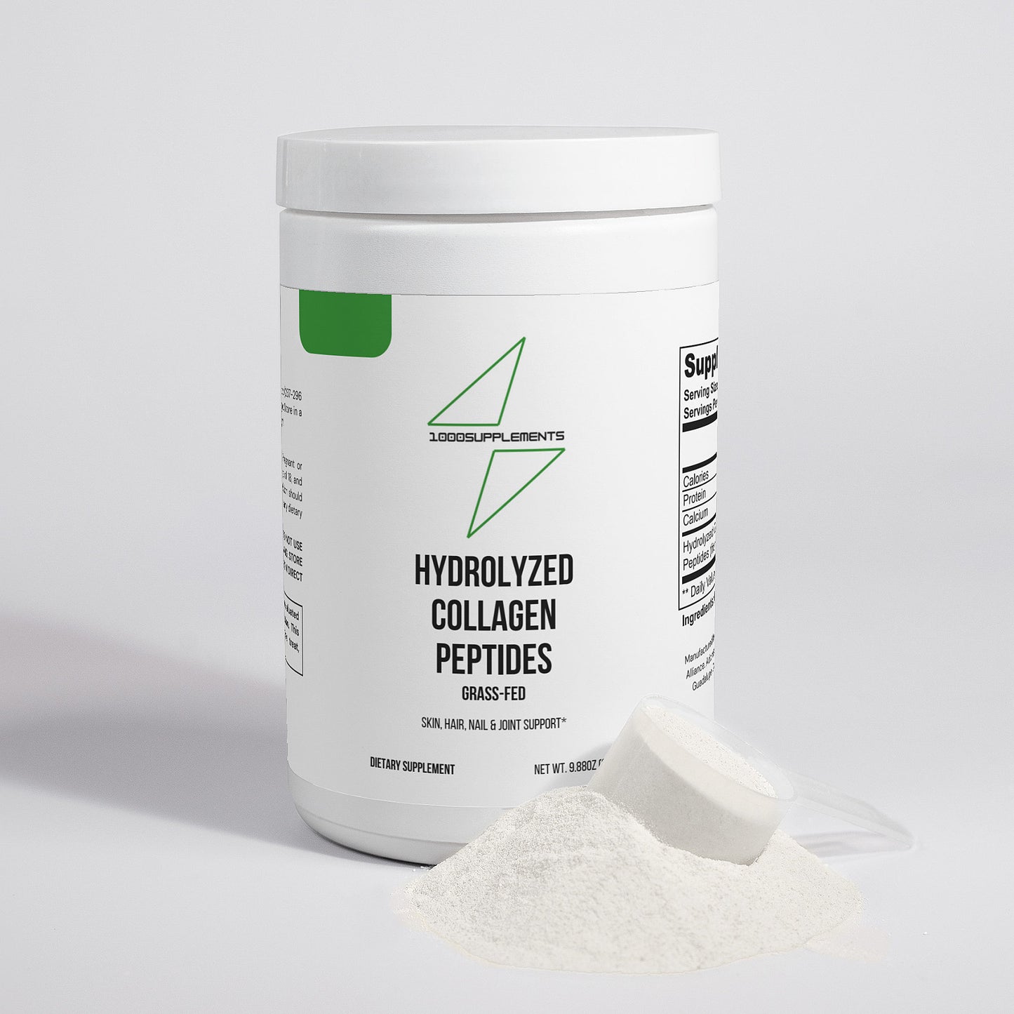 1000Supplements Hydrolyzed Collagen Peptides front side with powder