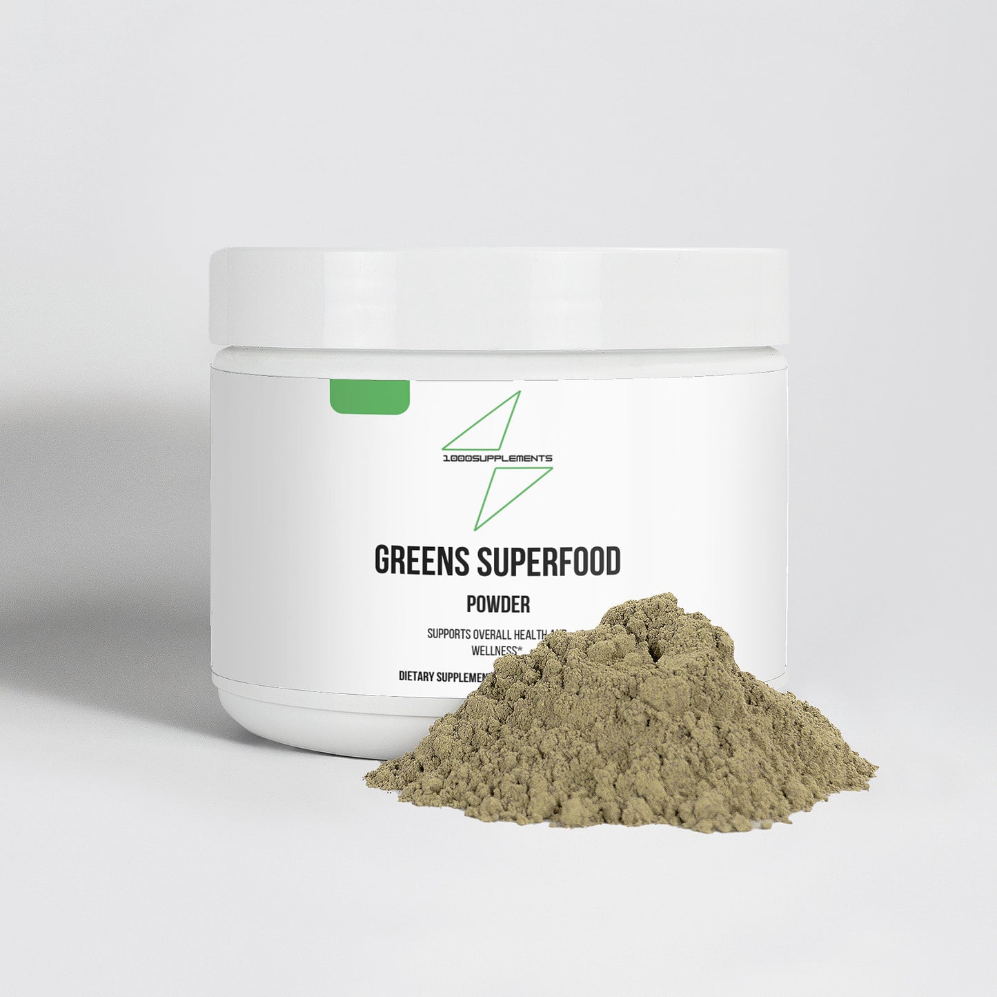 1000Supplements Greens Superfood (powder) front side with powder