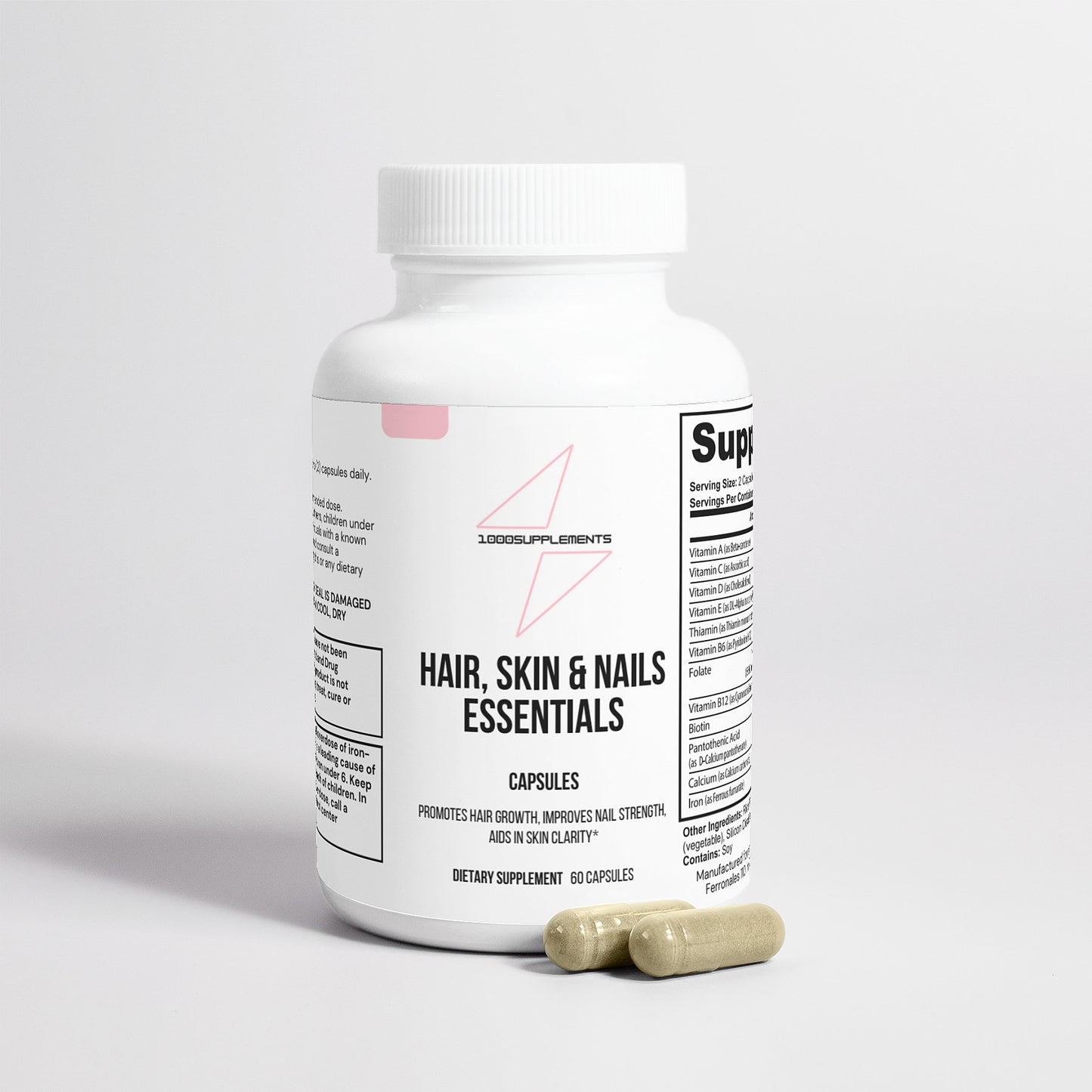 1000Supplements Hair,skin and nails essentials (capsules) front side with capsules