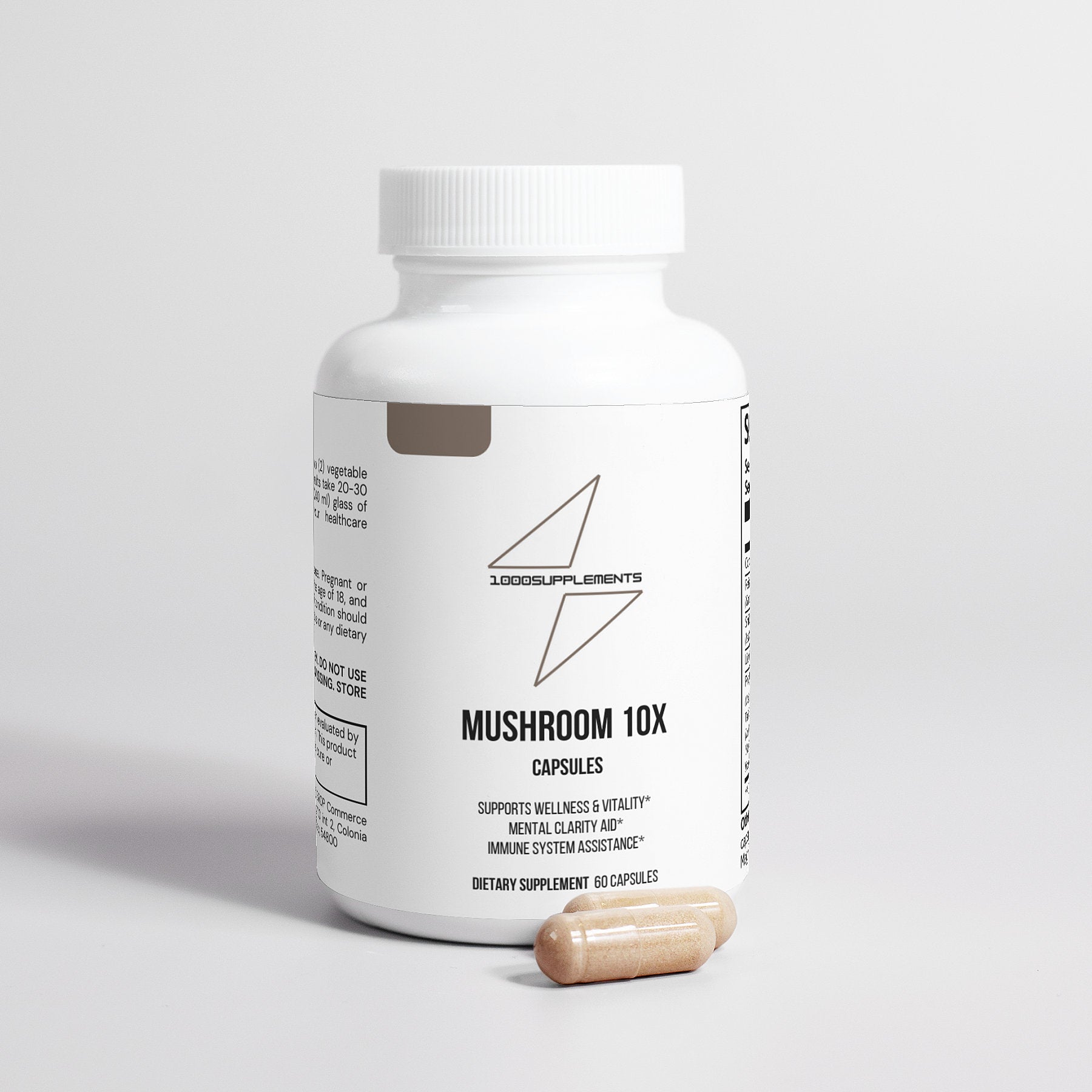 1000Supplements Mushroom 10X (capsules) front view with capsules