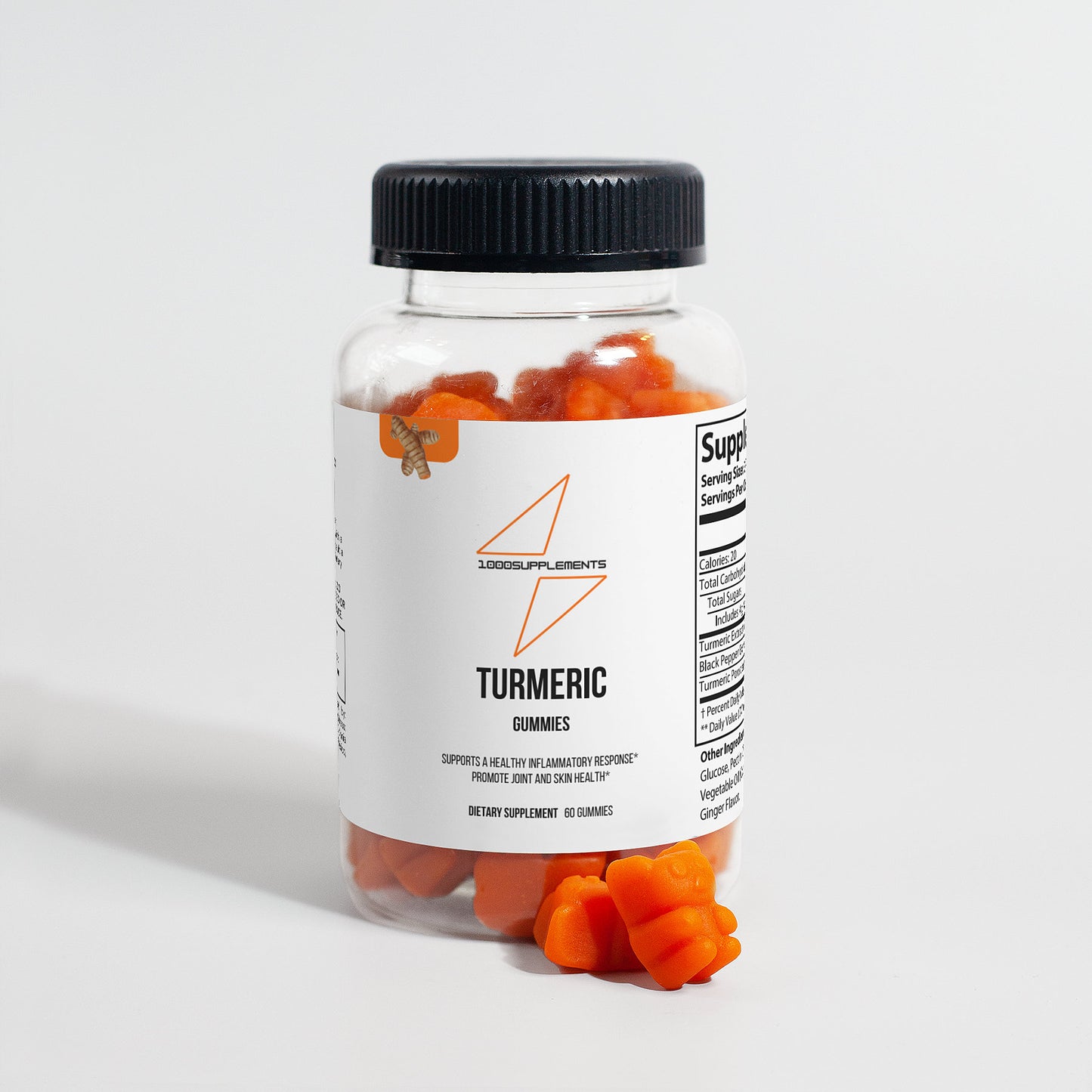 1000Supplements Turmeric Gummies front side with gummies