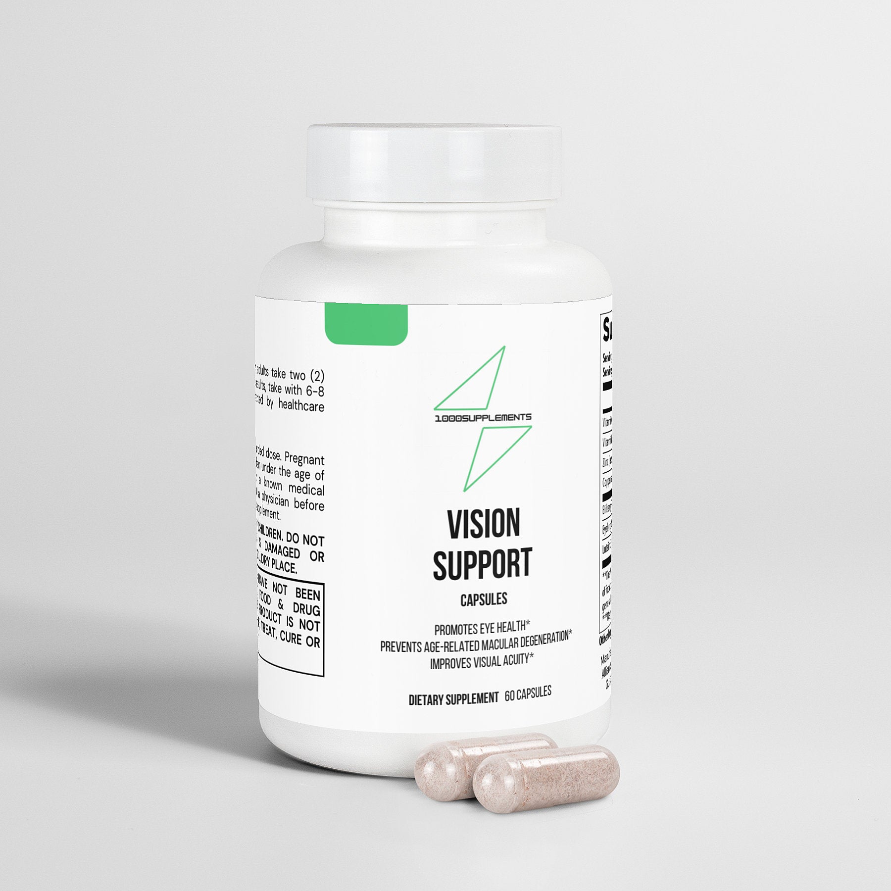 1000Supplements Vision support (capsules) side view with capsules