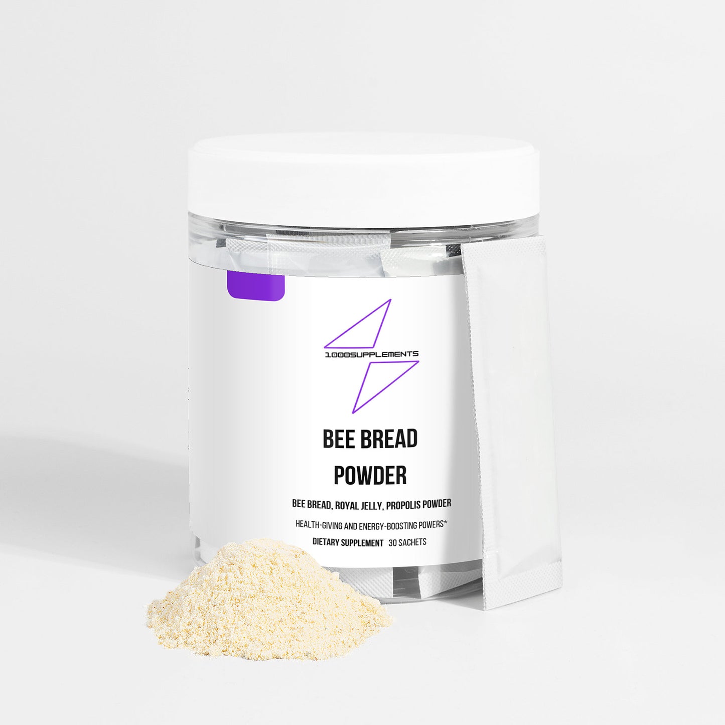 1000Supplements Bee Bread Powder front side with powder