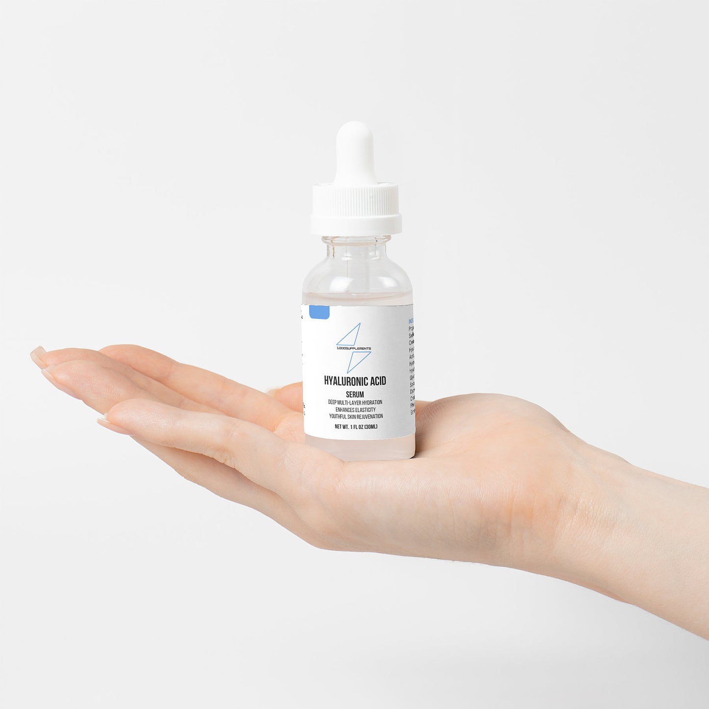 1000Supplements Hyaluronic Acid Serum on palm