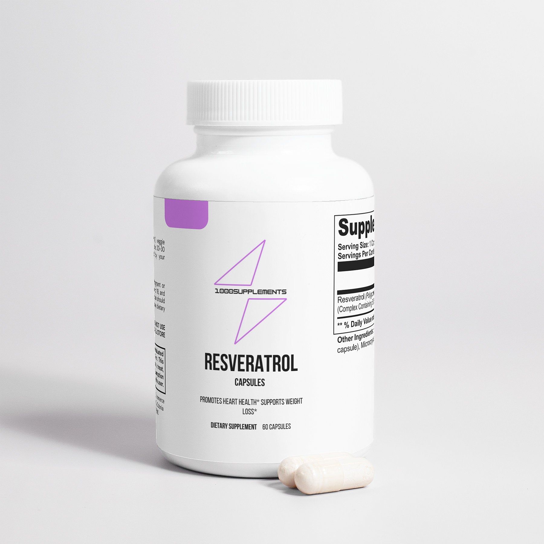 1000Supplements Resveratrol capsules front side with capsules