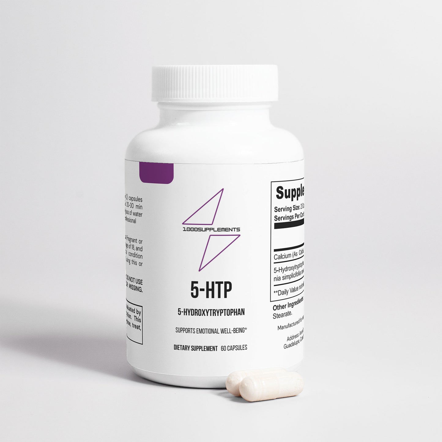 1000Supplements 5-HTP front side with capsules