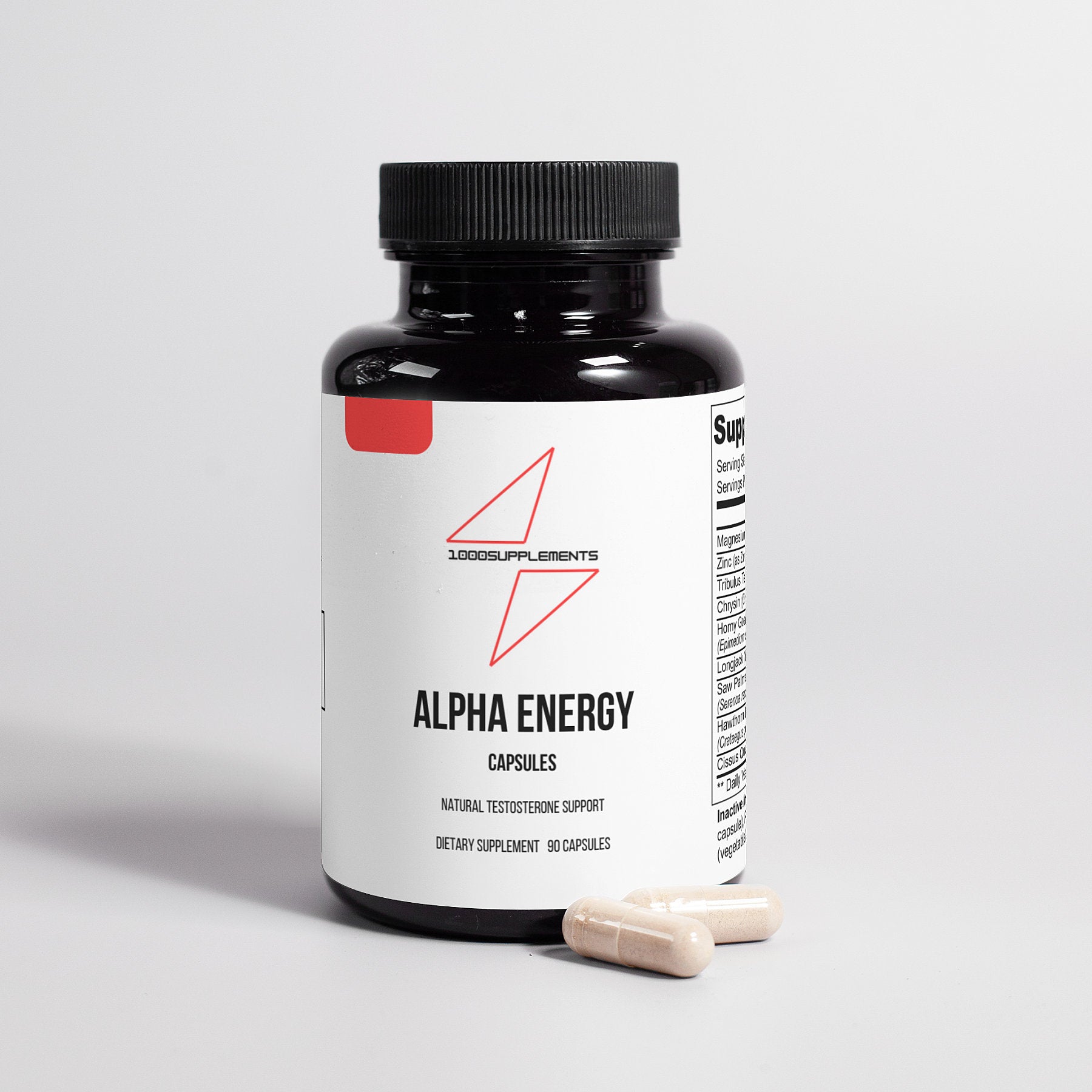 1000Supplements Alpha energy front side with capsules