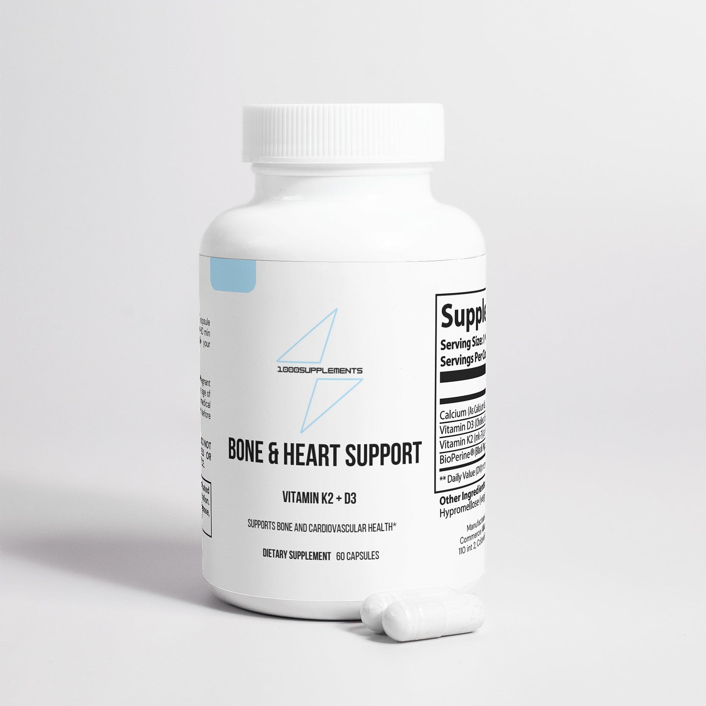 1000Supplements Bone and Heart Support front side with capsules