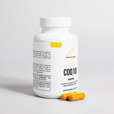 1000Supplements COQ 10 Ubiquinone side view with capsules