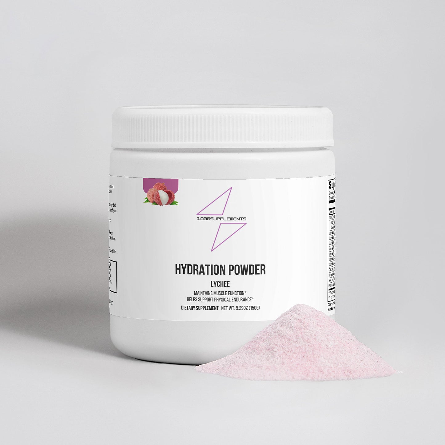 1000Supplements Hydration powder (lychee) front side with powder