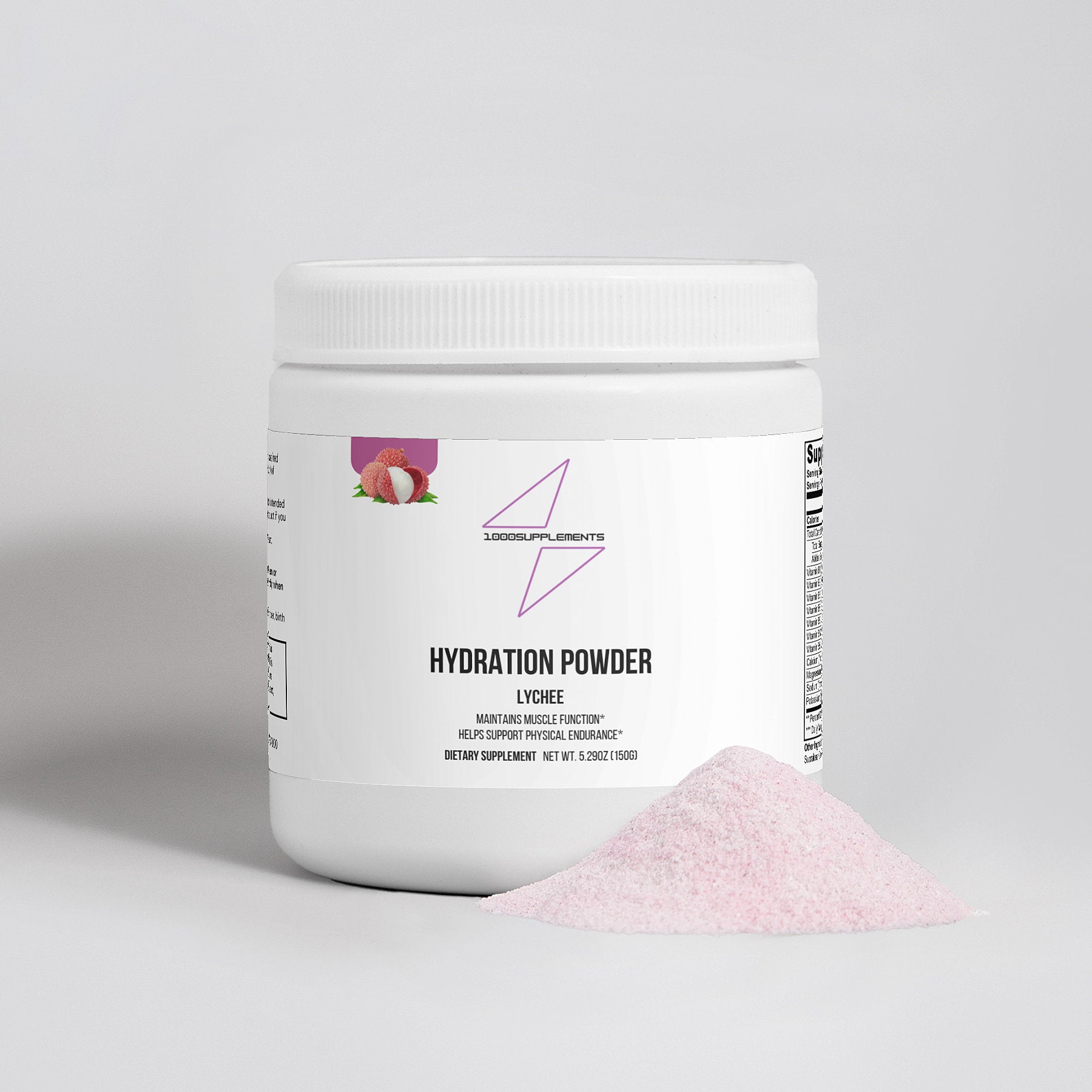 1000Supplements Hydration powder (lychee) front side with powder