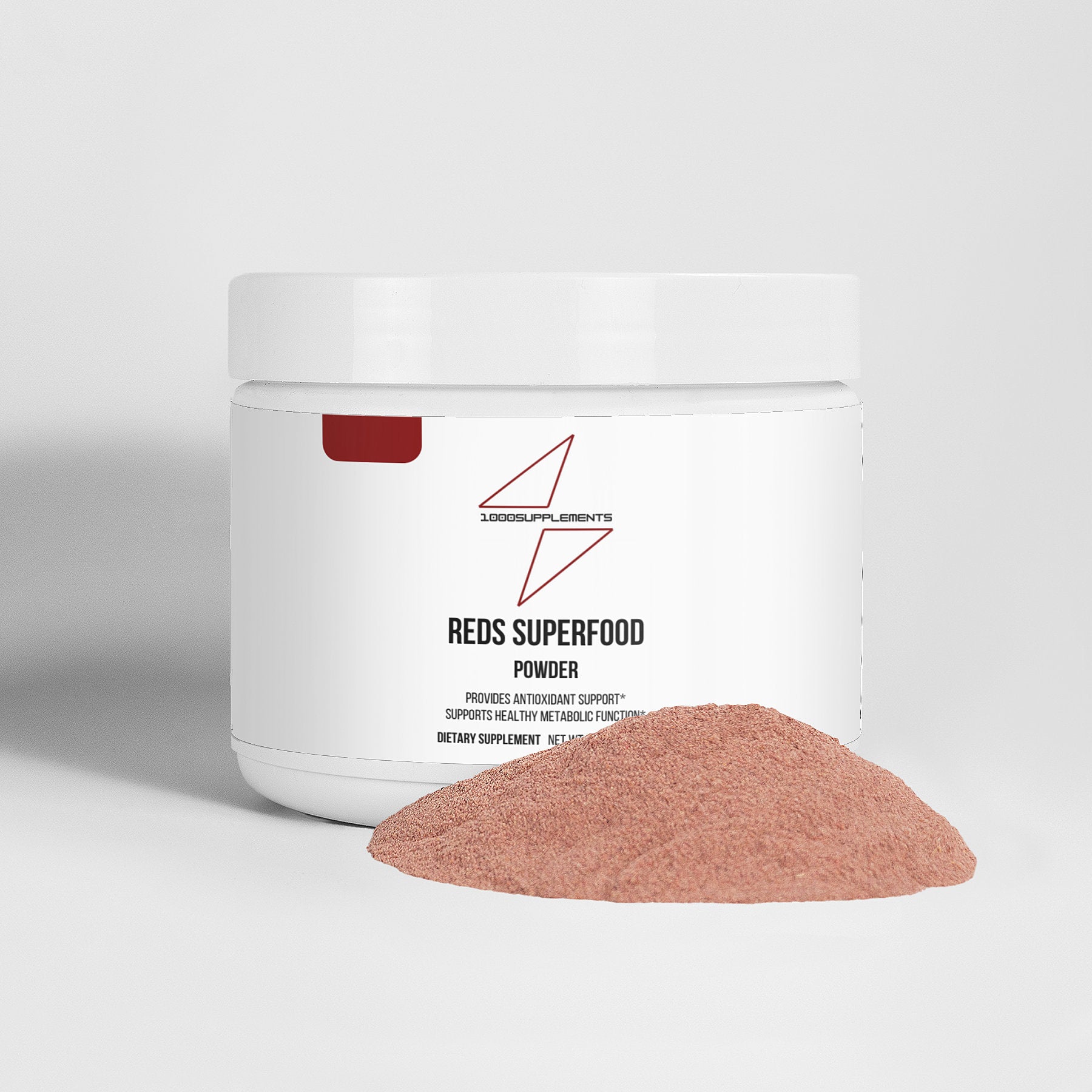 1000Supplements Reds Superfood (powder) front view with powder