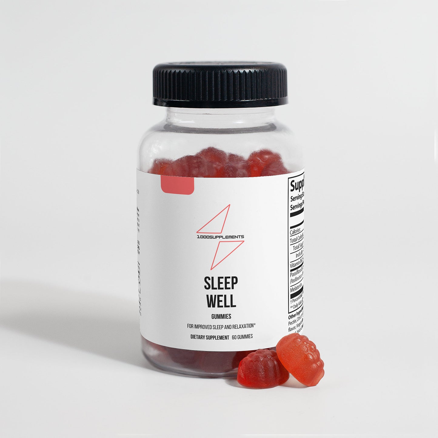 1000Supplements Sleep Well Gummies (Adult) front side with gummies