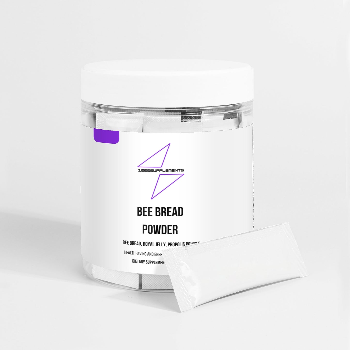 1000Supplements Bee Bread Powder front side with sachets