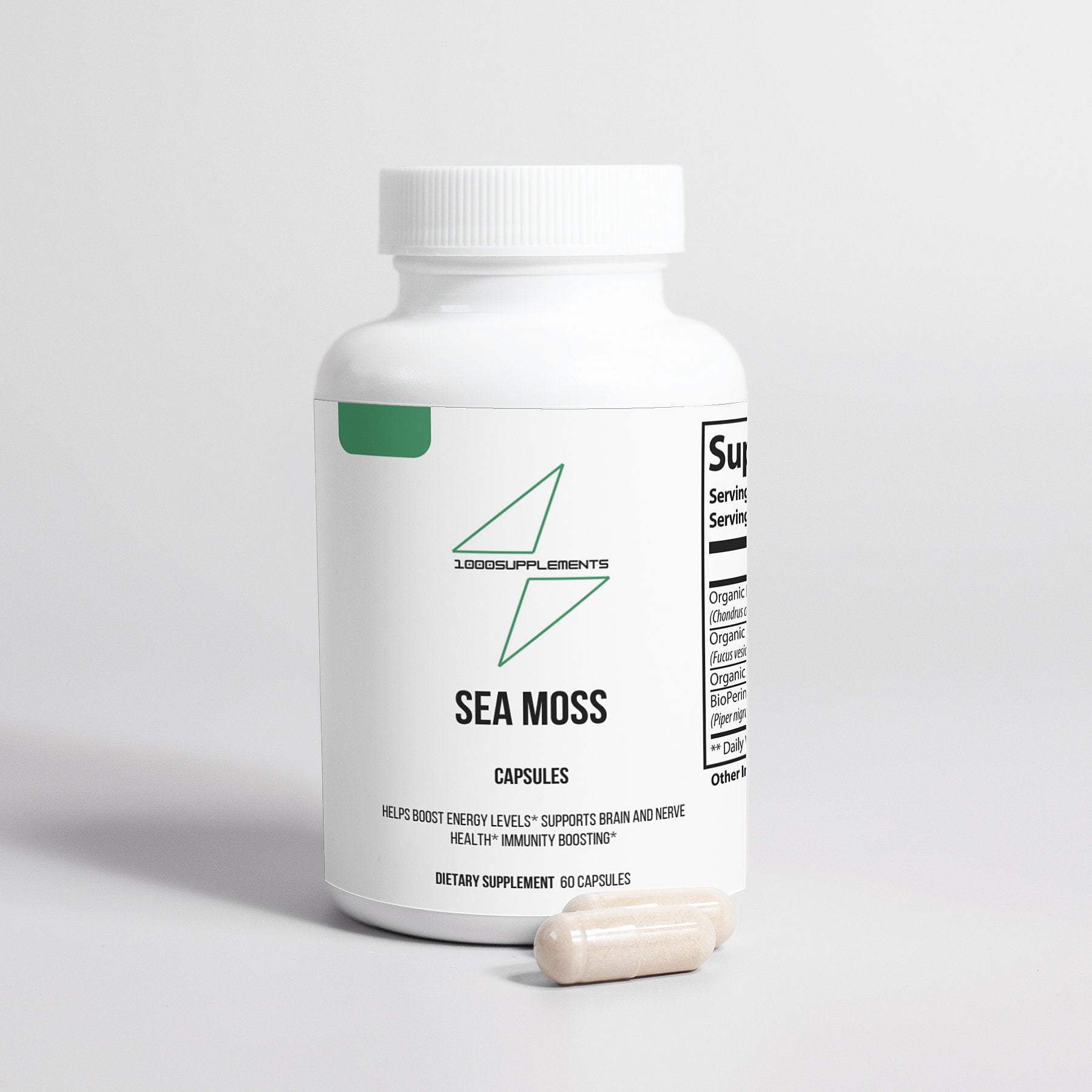 1000Supplements Sea Moss (Capsules) front side with capsules